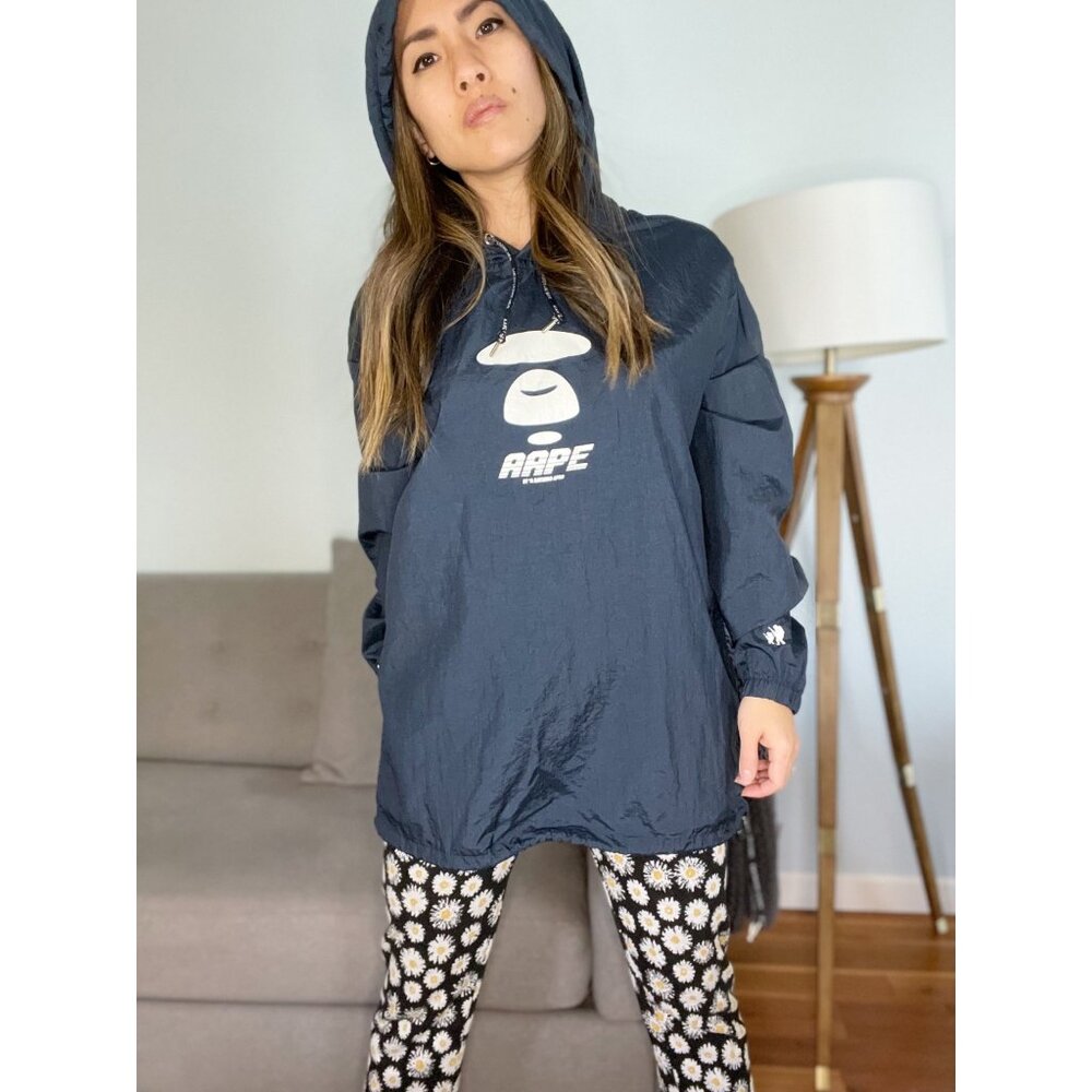 BAPE Blue Hooded Graphic Logo Windbreaker Jacket Mens Small Streetwear Nylon